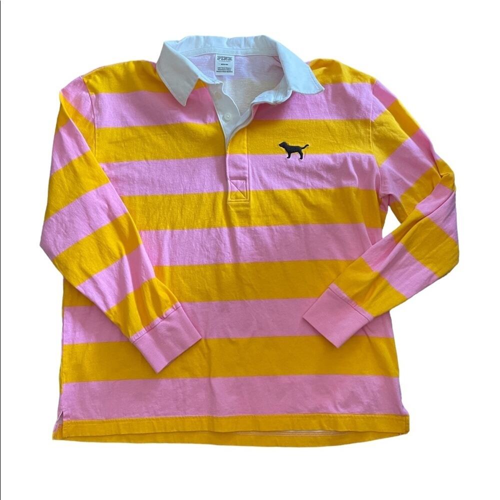 PINK VS POLO SHIRT Womens M Orange Pink Striped Long Sleeve Collared Oversized